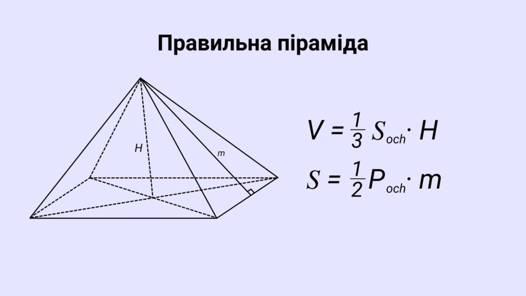 формули обʼєму й площі правильної піраміди